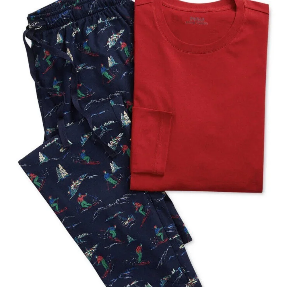 NWT POLO RALPH  LAUREN MEN'S COTTON 2‎ PIECE PAJAMA SET BLUE RED